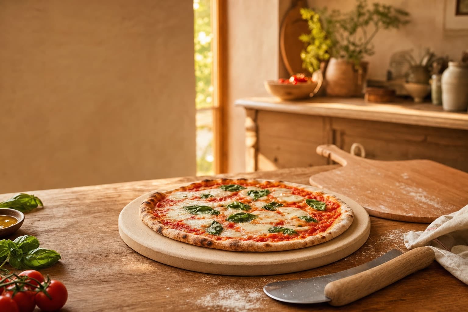 A freshly baked pizza resting on a stone in a warm home kitchen