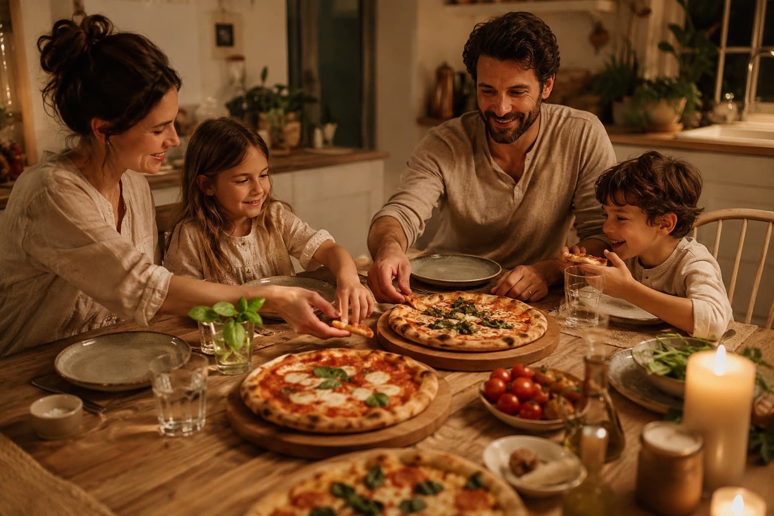 A family enjoying a home pizza night